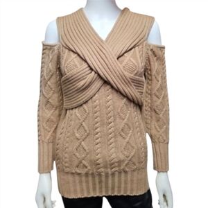 VIOLANTE NESSI | Italian Cable Knit Off Shoulder Wool Sweater | Tan Statement M